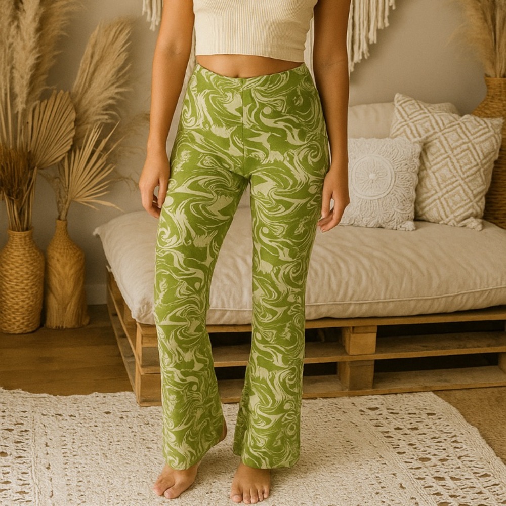 NWOT Zara Flared Jacquard Print Pant Green Psychedelic Retro 70s S